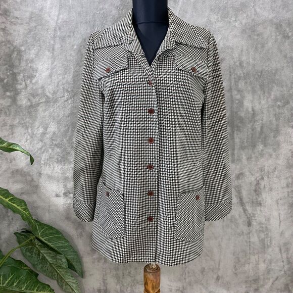 Vintage 70s women’s Medium Houndstooth Shirt Jacket Button Front Pockets Shacket - Picture 1 of 13